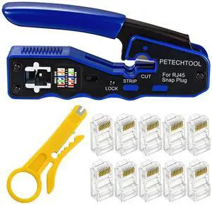 KEHIPI RJ45 Crimp Tool Kit Ethernet Crimping Tool Wire Crimper Stripper Cutter for Cat5e Cat6 Cat6a Pass Thrugh Connectors with 10 pieces Cat6 Connectors and 1 piece mini wire stripper