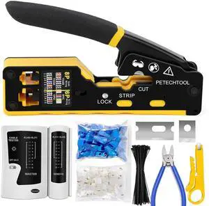 KEHIPI RJ45 Crimp Tool Pass Through Ethernet Crimping Tool Kit Cat6 Cat5e Cat6a RJ45 Crimper with Cable Tester, Cat6 Connectors with RJ45 Boot Covers, Mini Stripper, Blades and Cable Ties