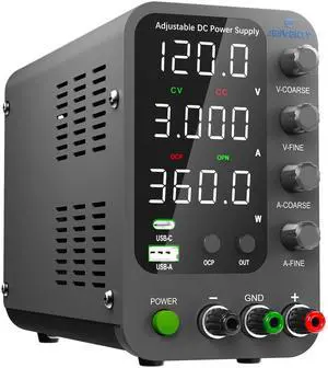 KEHIPI DC Power Supply Variable, 0-120V 0-3A Switching Bench Power Supply with 20W USB & Type-C Quick-Charge, Encoder Corase & Fine Adjustment Knob, Output Switch, 4-Digit LED Display - SPS-12003V