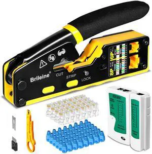 KEHIPI RJ45 Crimp Tool Pass Through Kit Ethernet Crimper Cat5 Cat5e Cat6 Crimping Tool for RJ11/RJ12 6P/8P with Network Lan Cable Tester, 50PCS Cat6 Connectors, 50PCS Boots, Mini Cable Stripper