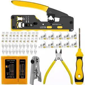 KEHIPI rj45 Crimp Tool Kit, Pass Through Cat7 Cat6A Cat6 Cat5e Cat5 rj45 Crimping Tool with 10PCS Cat7 Shielded Connectors 10PCS Covers 20PCS Cat6 Pass Through Connectors 20PCS Covers Network Tester