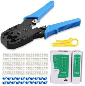 KEHIPI  rj45 Crimp Tool Kit, Cat5 Cat5e Crimping Tool with 100pcs rj45 Cat5 Connectors, 20pcs rj45 Cat5e Connector Covers, Cable Tester, Network Wire Stripper