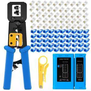 KEHIPI rj45 Crimping Tool for Cat6 Cat5e Cat5, Sturdy Crimper for rj45 rj12/11 Pass-Through Connectors with 50pcs rj45 Cat5e Pass-Through Connectors, 50pcs Covers, Wire Stripper; Network Cable Tester