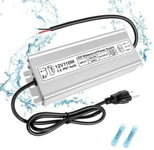 KEHIPI 12V Power Supply, LED Driver IP67 Waterproof 110W, AC 90-265V to DC 12 Volt 9.16A LED Power Supply, Low Voltage Transformer with 3-Prong Plug for LED Light, Computer Project, Outdoor Use