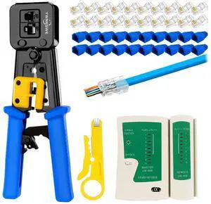 KEHIPI RJ45 Crimp Tool Kit Pass Thru Cat5 Cat5e Cat6 RJ45 Crimping Tool with 20PCS RJ45 Cat6 Pass Through Connectors, 20PCS Covers,1 Wire Punch Down Cutter and 1 Network Cable Tester