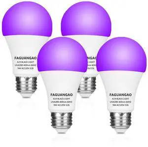 KEHIPI LED Black Light Bulb,9W(75Watt Equivalent) A19 UV Blacklight Bulb,120V,UVA Level 390-400nm,E26 Medium Base,Glow in The Dark for Blacklight Party,Fluorescent Poster,Neon Glow,4 Pack