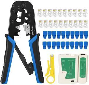 KEHIPI RJ45 Crimping Tool Kit Ethernet Crimp Set, RJ-11, 6P/RJ-12, 8P/RJ-45 Crimp, Cut and Strip with 20PCS CAT5 CAT5e Connectors, Covers,1 Network Cable Tester 1 Wire Stripper