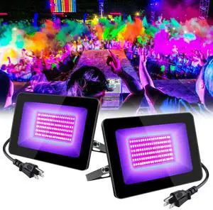KEHIPI 2 Pack 100W UV Flood Light, IP66 Waterproof Outdoor High Power Black Lights with UL Plug (3.3ft Cable), 395nm-405nm Blacklight for Glow Party, Stage, UV Glue Resin Curing Paint, Collection