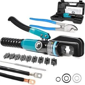 KEHIPI 10 Tons Hydraulic Crimping Tool, Hydraulic Crimper for 12 AWG to 2/0 AWG Battery Cable,1/16" 1/8" 3/16" Stainless Steel Cable, Battery Cable Crimper Tool with Cable Cutter & 9 Dies