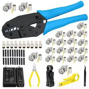 KEHIPI Coaxial Cable Tool Kit, BNC Crimp tool for RG58, RG59, RG62, RG174, 20PCS RG58 BNC Male Crimp Connectors,10PCS BNC Female to Female Connectors, Cable Stripper, Heat Shrink Tube Cable Tester