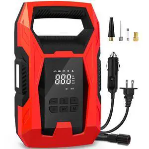 KEHIPI AC/DC Tire Inflator Portable Air Compressor, Dual Power for Home 110V AC and Car 12V DC Air Pump with Pressure Gauge, Auto Shutoff, Tire Pump for Car Motorcycle Bike and Other Inflatables, Red
