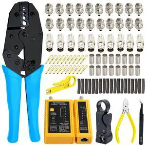 KEHIPI Coaxial Cable Tool Kit - BNC Crimp tool for RG58, RG59, RG62, RG174, 20PCS BNC Male Crimp Connectors for RG58 and 10PCS Female to Female Connectors, Heat Shrink Tubing Cable Tester, Stripper