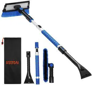 KEHIPI 47.2" Ice Scrapers for Car Windshield, 3 in 1 Sturdy Snow Brush with Squeegee, 10 Adjustable Length Settings, Extendable Aluminum Handle, 180° Pivoting Snow Scraper for Car, Truck, SUV(Blue)