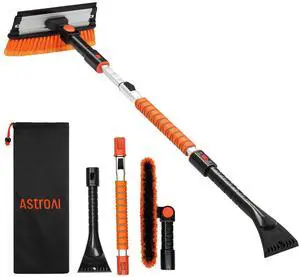 KEHIPI 47.2" Ice Scrapers for Car Windshield, 3 in 1 Sturdy Snow Brush with Squeegee, 10 Adjustable Length Settings, Extendable Aluminum Handle, 180° Pivoting Snow Scraper for Car, Truck, SUV(Orange)