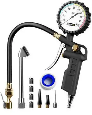 KEHIPI Tire Inflator with Pressure Gauge  Large Glow Dial, Swivel Air Chuck with Gauge and Air Compressor Accessories  100 PSI