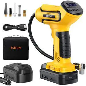 KEHIPI Tire Inflator Air Compressor Cordless Car Tire Pump with 20V Rechargeable Li-ion Battery 150 PSI Portable Handheld Air Pump with 12V Car Power Adapter for Motorcycles LS40791C1 Light Yellow