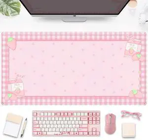 KEHIPI Cute Pink Plaid Desk Mats Strawberry Milk Gaming Desk Pad,Kawaii Extended Mouse Pad Kawaii Large Keyboard Mats XXL,Laptop Mat for Desk, Desktop Mat Mousepad Office Decor for Women 31.5"x15.75"