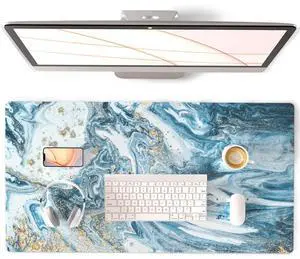 KEHIPI Large Desk Pad, Keyboard Mouse Pad Desktop Decor, Waterproof PU Leather Desk Cover Protector, Desk Accessories for Office Home Work Writing Gaming 31.5" x 15.7" - Blue Marble