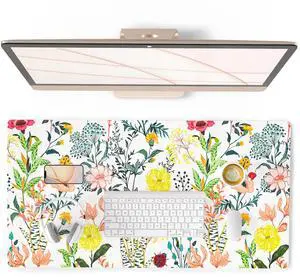 KEHIPIFloral Large Mouse Pad, Colorful Desk Mat for Desktop, Women Girls Desk Accessories Office Décor, PU Leather Waterproof Big Gaming Mousepad, Blooming Flowers Desk Pad Computer Mat, 31.5" x 15.7"