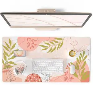 KEHIPI Large Mouse Pad, Cute Desk Mat for Desktop, Women Girls Minimalist Pink Office Desk Accessories, PU Leather Waterproof Gaming Mousepad, Tropical Leaves Desk Pad Computer Mat, 31.5" x 15.7"