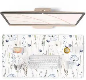 KEHIPI Large Mouse Pad for Desk, Floral Desk Mat for Desktop, Women Girls Office Décor Desk Accessories, PU Leather Waterproof Gaming Mousepad, Watercolor Flowers Desk Pad Computer Mat, 31.5" x 15.7"