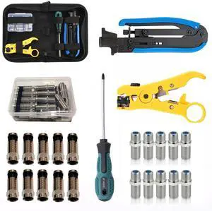 KEHIPI Coax Cable Crimper Tool Kit, Coaxial Compression Tool for rg6 rg59 rg11 with 1 Wire Stripper, 10pcs F Male rg6 Connectors And 10pcs Female to Female rg6 Connectors, 1 Screwdriver