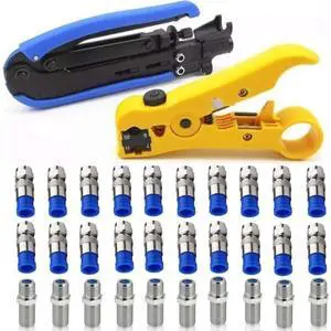 KEHIPI Coaxial Compression Tool Coax Cable Crimper Kit Adjustable rg6 rg59 rg11 75-5 75-7 Coaxial Cable Stripper with 20pcs F Male And 10pcs Female to Female rg6 Connectors