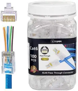 KEHIPI 100-Pack RJ45 Pass Through Connector, RJ45 Connectors, Premium Cat 6 Connectors 8P8C Gold Plated, Pass Through RJ45 Cat6 Cat 5 Connector Ends for Solid or Stranded UTP Ethernet Cable