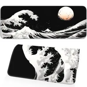 KEHIPI Gaming Mouse Pad, Japanese Mouse Pad, Non-Slip Rubber Base, for Laptop, Office and Home, 31.5x11.8 Inch Desktop Waterproof Desk Pad, Ocean Wave Anime Black Gaming