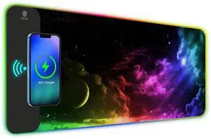 KEHIPI Wireless Charging RGB Gaming Mouse Pad 15W, Extended LED Desk Mat Protector 800x300x4MM, 14 Light Modes Extra Large Mousepad Non-Slip Rubber Base Desk Mat, Nebula Universe KEHIPI Wireless Charging RGB Gaming Mouse Pad 15W, Extended LED Desk Mat Protector 800x300x4MM, 14 Light Modes Extra Large Mousepad Non-Slip Rubber Base Desk Mat, Nebula Universe