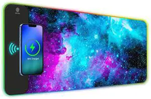KEHIPI Wireless Charging RGB Gaming Mouse Pad 15W, Extended LED Desk Mat Protector 800x300x4MM, 14 Light Modes Extra Large Mousepad Non-Slip Rubber Base Desk Mat, Galaxy Nebula Universe