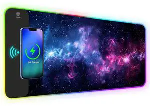 KEHIPI RGB Gaming Mouse Pad with Wireless Charging, Large Keyboard Mouse Pad with 14 LED Light Modes, Non-Slip Rubber Base Waterproof Desk Pad for Home Office Decor, Blue Purple Cosmic Nebula