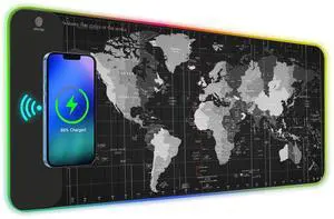KEHIPI Wireless Charging RGB Gaming Mouse Pad 15W, Extended LED Desk Mat Protector 800x300x4MM, 14 Light Modes Extra Large Mousepad Non-Slip Rubber Base Desk Mat, Black World Map KEHIPI Wireless Charging RGB Gaming Mouse Pad 15W, Extended LED Desk Mat Protector 800x300x4MM, 14 Light Modes Extra Large Mousepad Non-Slip Rubber Base Desk Mat, Black World Map