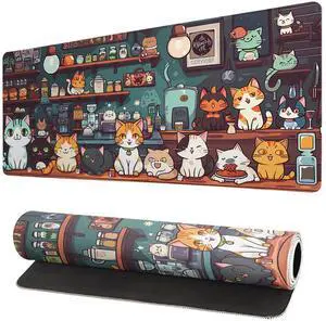 KEHIPI Gaming Mouse Pad Desk Pad,Extended Big Mouse Pad,31.5x11.8 Inch Long Computer Keyboard Mouse Mat Mousepad with 3mm Non-Slip Base and Stitched Edge for Gaming and Office (cat)