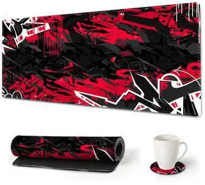 KEHIPI Extended Gaming Mouse Pad Desk Mat, Large Mousepad with Stitched Edges (35x15.7 in), Keyboard Mouse Mat Stable Rubber Base Desk Pad for Work, Game, Red Black