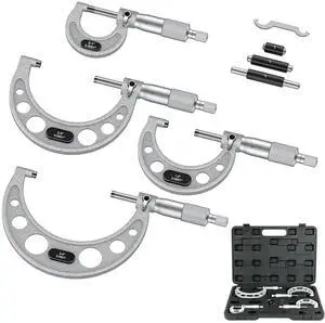 KEHIPI Outside Micrometer Set, 4 Pcs Machinist Tool Set(0-1'' 1-2'' 2-3'' 3-4''), 0.0001" Graduation Micrometer Set, Alloy Precision Micrometer, Micrometer Standard Set with Case - Grey