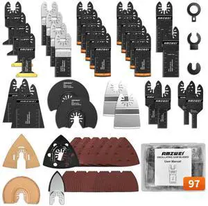 KEHIPI 97Pcs Oscillating Tool Blade, Titanium Multitool Blades with Case, Sandpaper for Grout Removal, Wood, Metal, Plastic, Oscillating Saw Blades Compatible with Dewalt Ryobi Milwaukee Rockwell