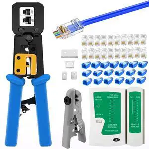 KEHIPI RJ45 Crimp Tool Kit Pass Through, Cat5 Cat5e Cat6 RJ45 Ethernet Crimping Tool with 20PCS Cat6 1.1mm Pass Through Connectors, 20PCS Covers, Cable Tester, Wire Stripper