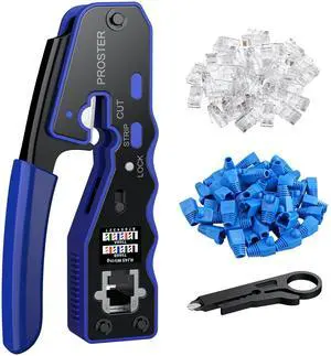 KEHIPI  RJ45 Crimper Tool Kit - Stripper Cutter Crimper Tool for RJ45 Cat6 Cat5 Cat5e Pass-Thru Connectors, with 50pcs Cat6 Connectors and Protection , 1pcs Wire Stripper