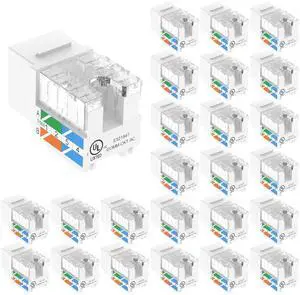 KEHIPI UL Listed 10Gbps Cat6 Keystone Jack Insert 25-Pack, 90 Degree Punch Down RJ45 Keystone Jack Adapter Slim Profile for Patch Panel and Wall Plate
