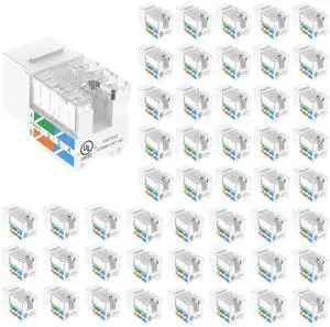 KEHIPI Cat6 RJ45 Keystone Jacks UL Listed 50-Pack, Punch Down Ethernet Wall Jack 90-Degree Adapter in White with 1-Pack Wire Stripper Cutter