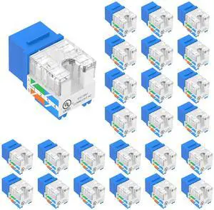 KEHIPI UL Listed 10Gbps Cat6 Keystone Jack Insert 25-Pack, 90 Degree Punch Down RJ45 Keystone Jack Adapter Slim Profile Blue
