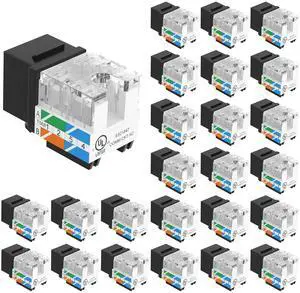 KEHIPI UL Listed Cat6 RJ45 Keystone Jack Insert 25-Pack, 90 Degree Punch Down Keystone Jack Adapter Slim Profile Black