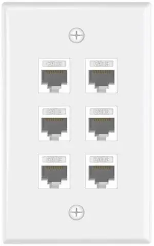KEHIPI UL-Listed CAT6 6-Port Ethernet Wall Outlet, Single-Gang Keystone Wall Plate with RJ45 CAT6 Keystone Coupler, White