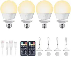 KEHIPI Rechargeable Light Bulb with Remote and Timer for Sconce and Lamp, Battery Backup Night Light, E26 Detachable Charging, Magnetic Base, 3 Lighting Colors, Dimmer, 7W, Lanyard Included, 4 Pack