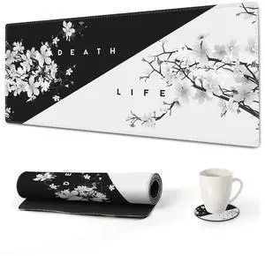 KEHIPI Extended Gaming Mouse Pad, XL Large Keyboard Mouse Mat Desk Pad with Stitched Edges, Durable Non-Slip Base Mousepad for Home Office, 35x15.7inch, Black White Cherry Blossom
