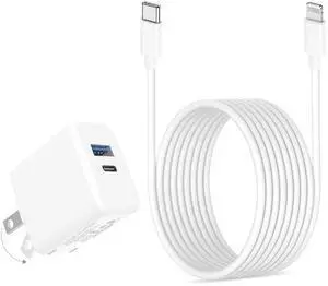 KEHIPI 20W Dual Port Fast Charger for iPad 9th 8th 7th 6th 5th Generation 10.2 inch, iPad Air 3/2, iPad mini 5/4/3, Foldable Wall Charger with 6.6ft USB-C to Lightning Fast Charging Cable