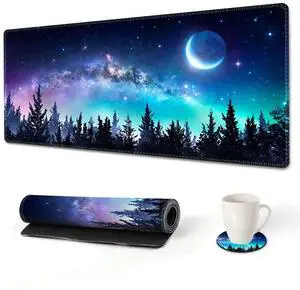 KEHIPI Extended Gaming Mouse Pad, XL Large Keyboard Mouse Mat Desk Pad with Stitched Edges, Durable Non-Slip Base Mousepad for Home Office Work, 35x15.7inch, Forest Moon Sky