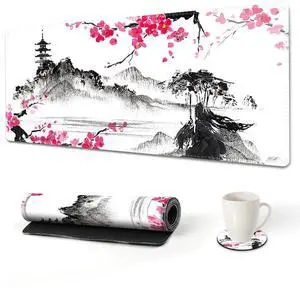 KEHIPI Extended Gaming Mouse Pad, XL Large Keyboard Mouse Mat Desk Pad with Stitched Edges, Durable Non-Slip Base Landscape Mousepad for Home Office, Mountain Sakura Ink Painting