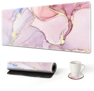 KEHIPI Extended Gaming Mouse Pad, XL Large Keyboard Mouse Mat Desk Pad with Stitched Edges, Durable Non-Slip Base Mousepad for Home Office Work, 35x15.7inch, Pink Purple Marble